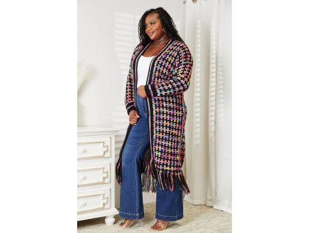 Double Take Full Size Multicolored Open Front Fringe Hem Cardigan