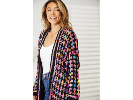 Double Take Full Size Multicolored Open Front Fringe Hem Cardigan