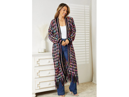 Double Take Full Size Multicolored Open Front Fringe Hem Cardigan