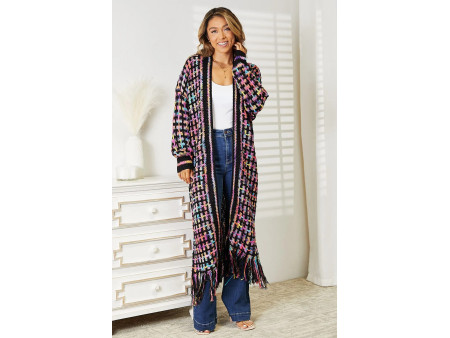 Double Take Full Size Multicolored Open Front Fringe Hem Cardigan