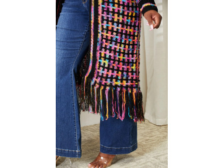 Double Take Full Size Multicolored Open Front Fringe Hem Cardigan