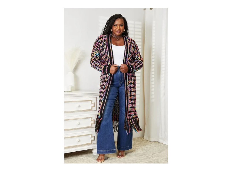Double Take Full Size Multicolored Open Front Fringe Hem Cardigan